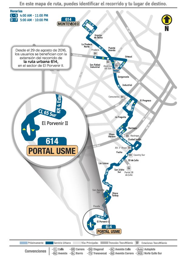 Servicio Urbano 614 Portal Usme - Montevideo, Su recorrido se extiende en el sector de El  Porvenir II