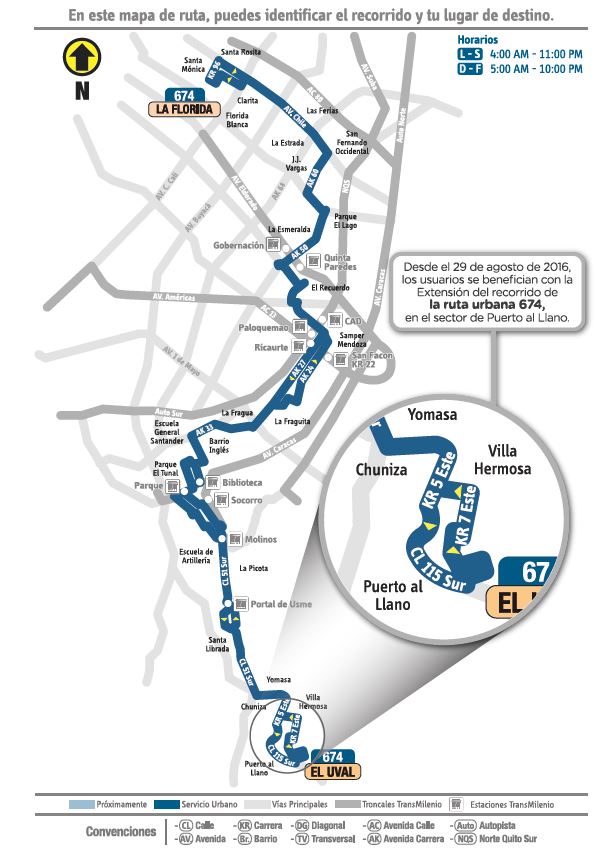 Servicio Urbano 674 La Florida - El Uval, su recorrido se extiende en el sector de Puerto al Llano