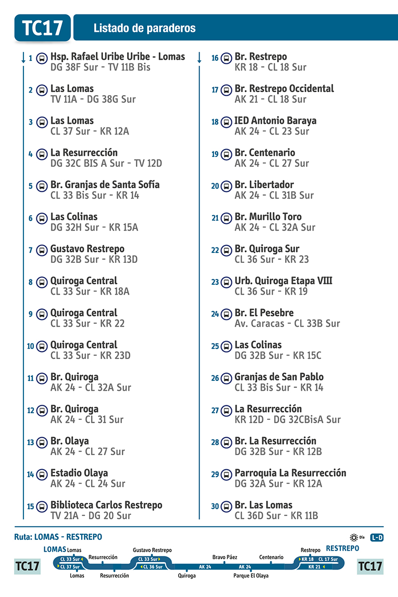 A partir  del 28 de Noviembre  entra  en funcionamiento  la  ruta urbana TC 17 Restrepo - Lomas  perteneciente a la zona de San Cristóbal, el servicio  cuenta con 30 paraderos pasando por sectores  de Lomas, Puerto Rico, Resurrección,  La Colina, Gustavo Restrepo, Quiroga VII Etapa, Quiroga IX Etapa, Santa Catalina, Centenario, Restrepo.