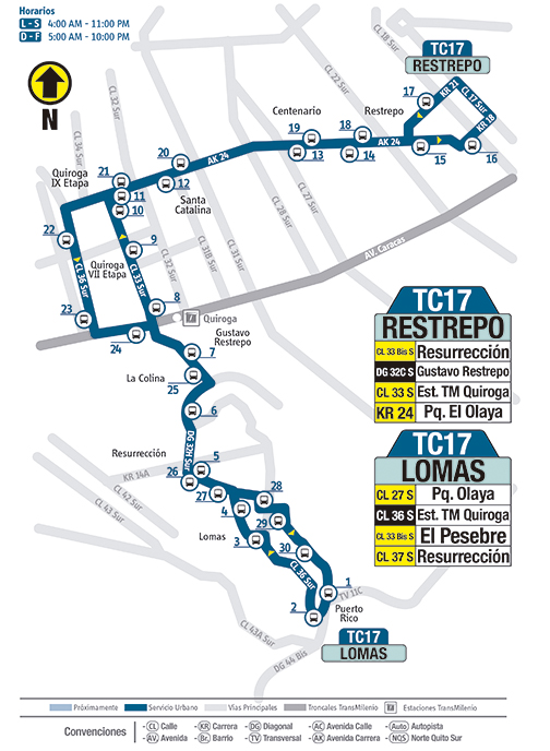 A partir  del 28 de Noviembre  entra  en funcionamiento  la  ruta urbana TC 17 Restrepo - Lomas  perteneciente a la zona de San Cristóbal, el servicio  cuenta con 30 paraderos pasando por sectores  de Lomas, Puerto Rico, Resurrección,  La Colina, Gustavo Restrepo, Quiroga VII Etapa, Quiroga IX Etapa, Santa Catalina, Centenario, Restrepo.