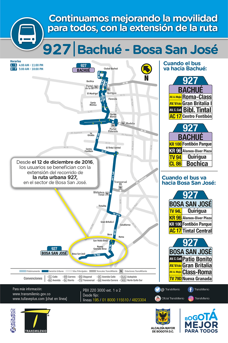 La ruta urbana 927 extiende su recorrido  por el sector de Bosa San José,  Pasando por la Transversal 78L, y La Transversal 79D.  Desde la fecha la  encuentra como Servicio Urbano 927 Bosa San José -Bachué.