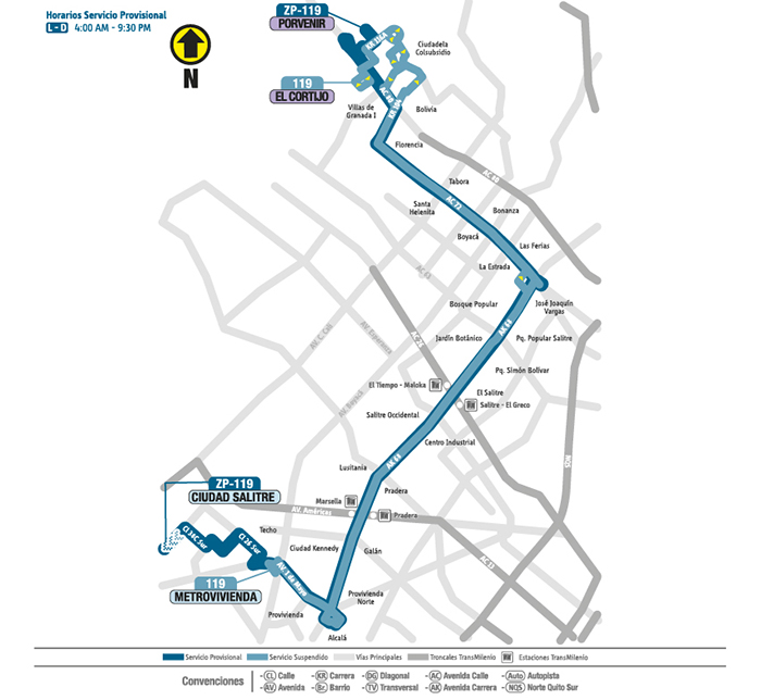 Mapa del recorrido del servicio ZP 119  a partir  del 30 de enero de 2017