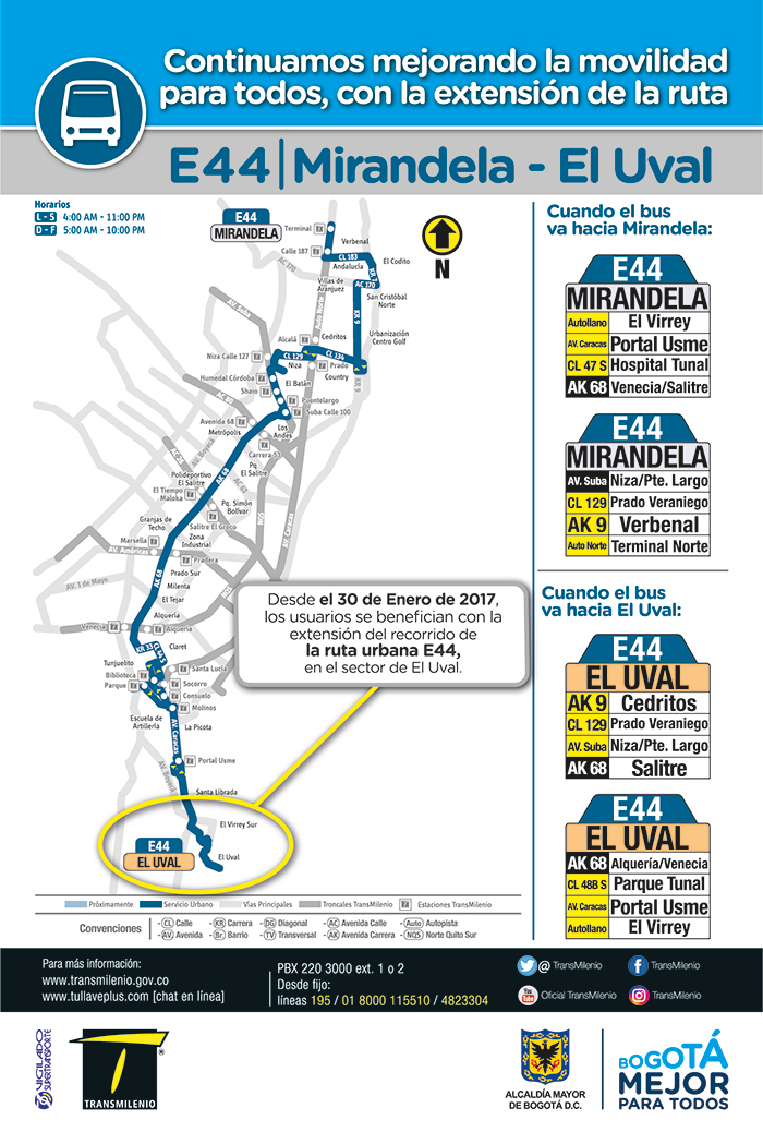 Mapa del recorrido del servicio urbano E44  a partir  del 30 de enero de 2017