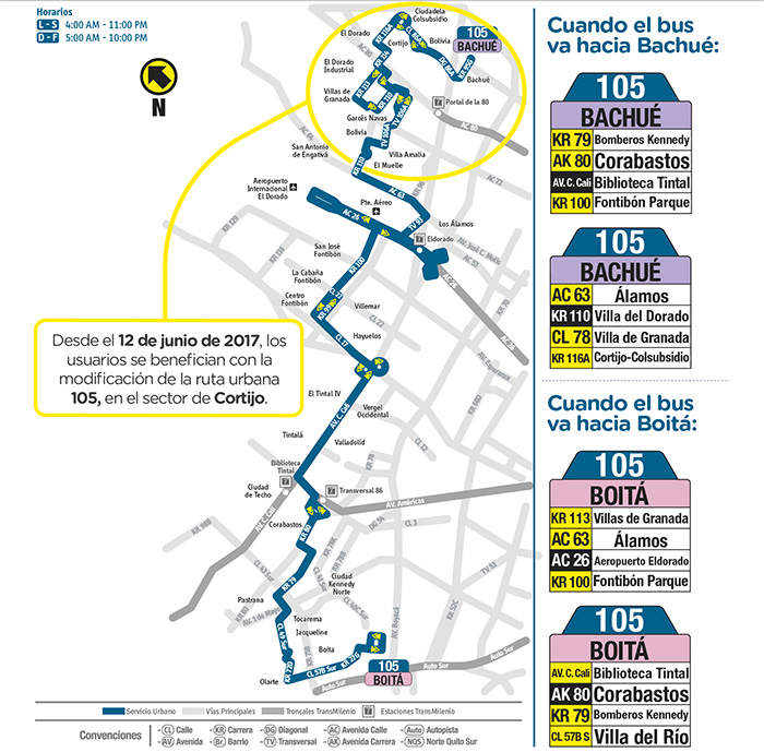 Mapa del recorrido del a ruta 105 Boitá Bachué con la novedad del 12 de junio, señalando el sector que  se extiende