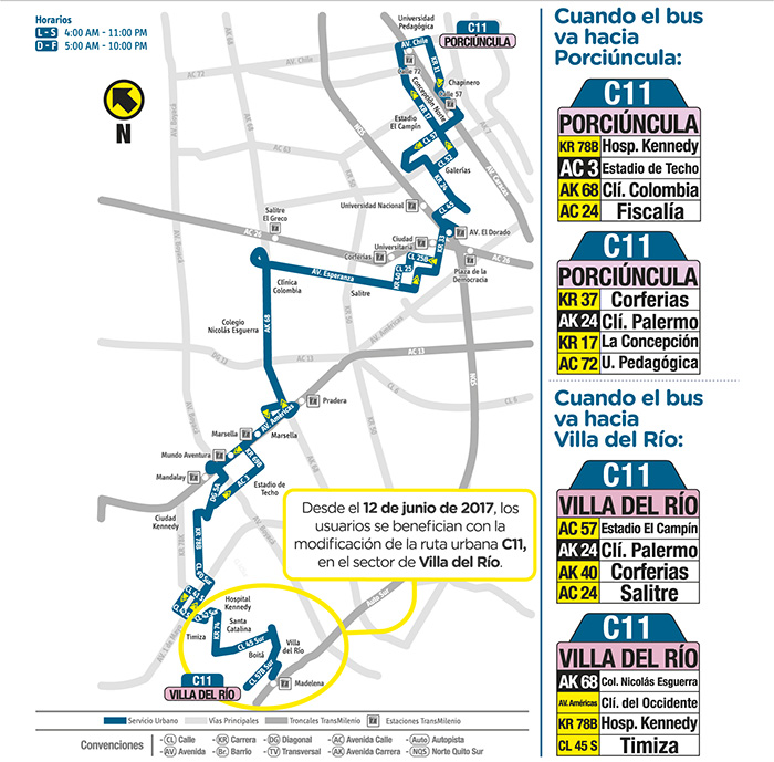 Mapa del recorrido del a ruta C11 Porciúncula Villa del río con la novedad del 12 de junio, señalando el sector que  se extiende