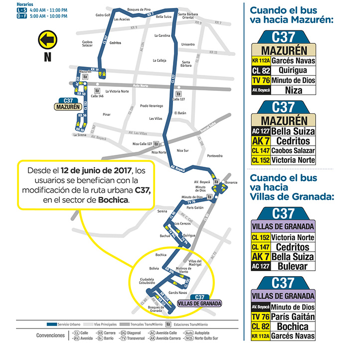 Mapa del recorrido del a ruta C37 Mazurén Villas de Granada con la novedad del 12 de junio, señalando el sector que se extiende