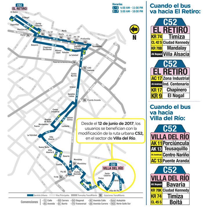 Mapa del recorrido del a ruta C52 El Retiro Villa del Río con la novedad del 12 de junio, señalando el sector que  se extiende