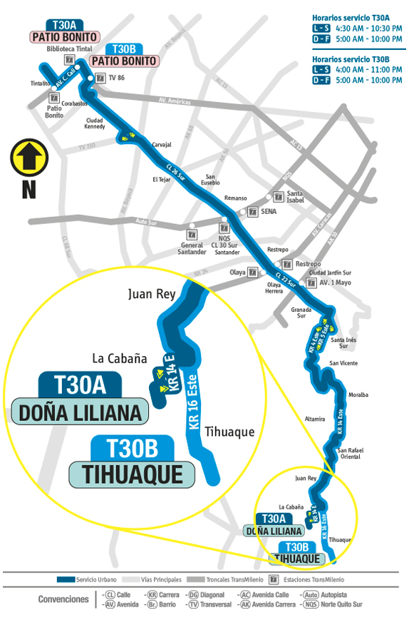 Mapa con el recorrido del servicio urbano T30  dividido en 2 servicios T30A y T30B