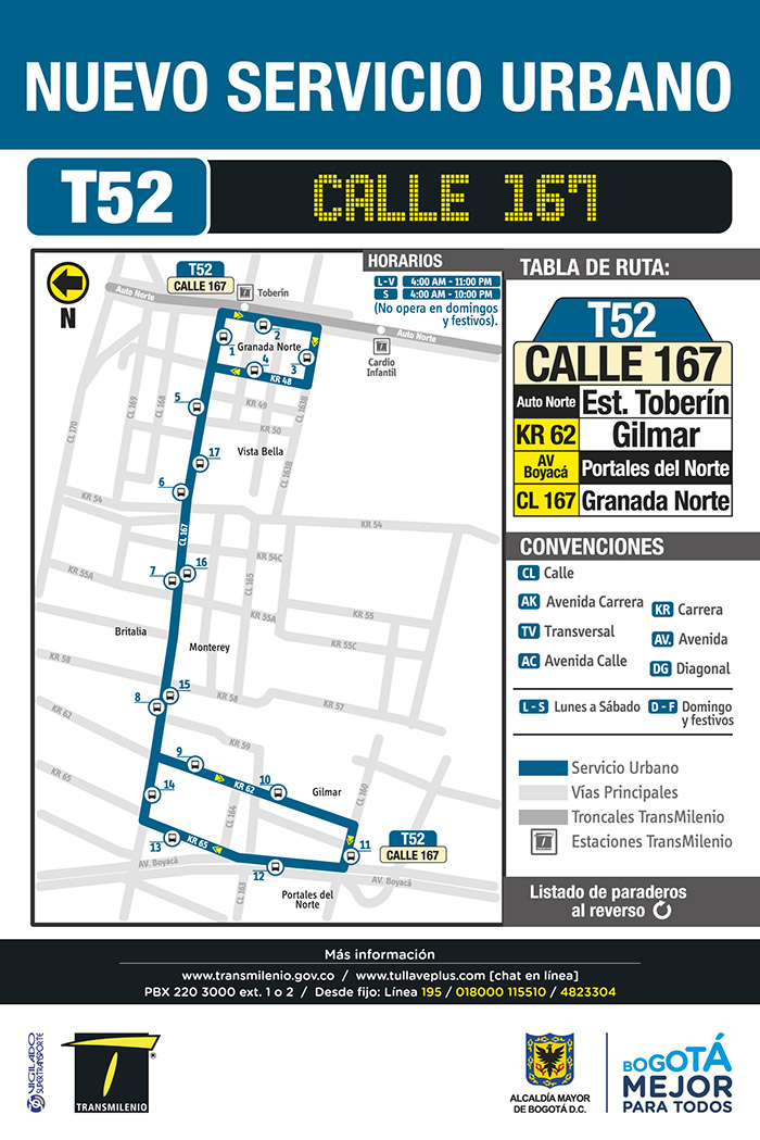 Información de la nueva ruta T52 Calle 167