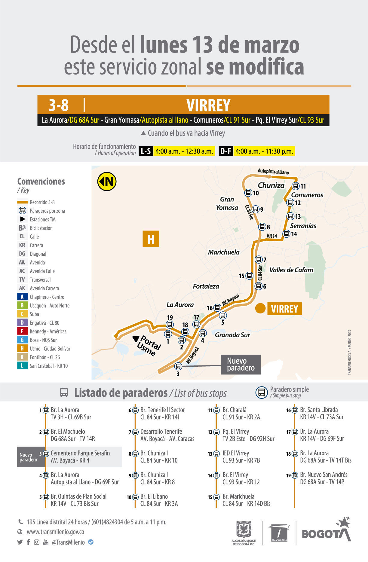 Servicio zonal 3-8 Virrey modifica su operación