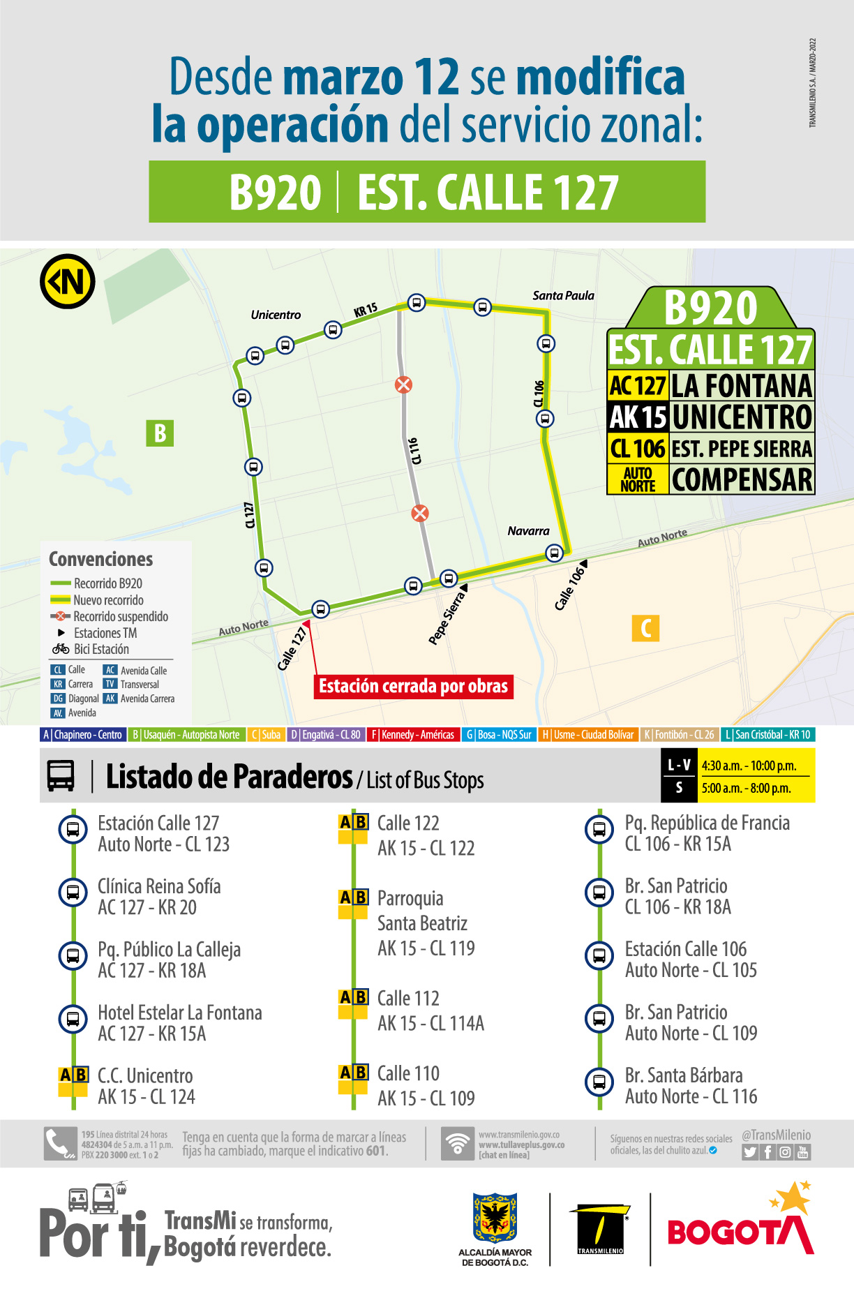 Ruta B920 Estación Calle 127 modifica su operación