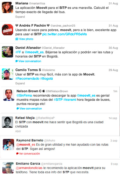 Comentarios en Twitter sobre la aplicación moovit