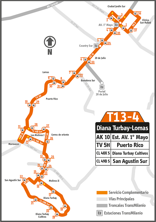 Mapa de la ruta complementaria T13-4 Diana Turbay - Lomas