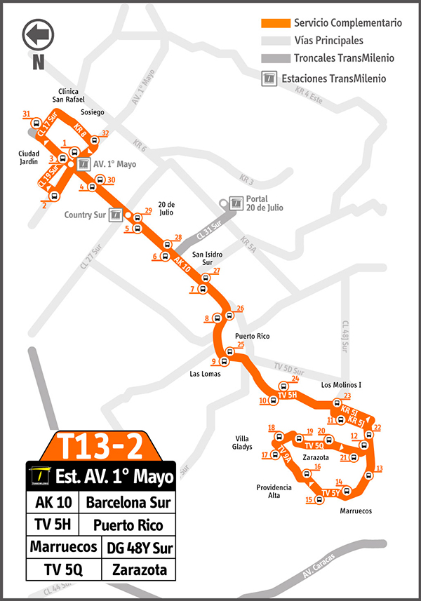 Mapa de la ruta alimentadora T13-2